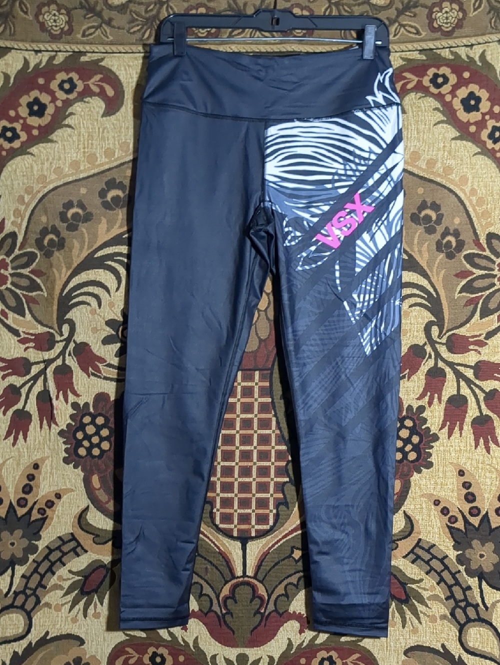 Victoria's Secret Black Leggings Gray White Graphic and Pink VSX Accent